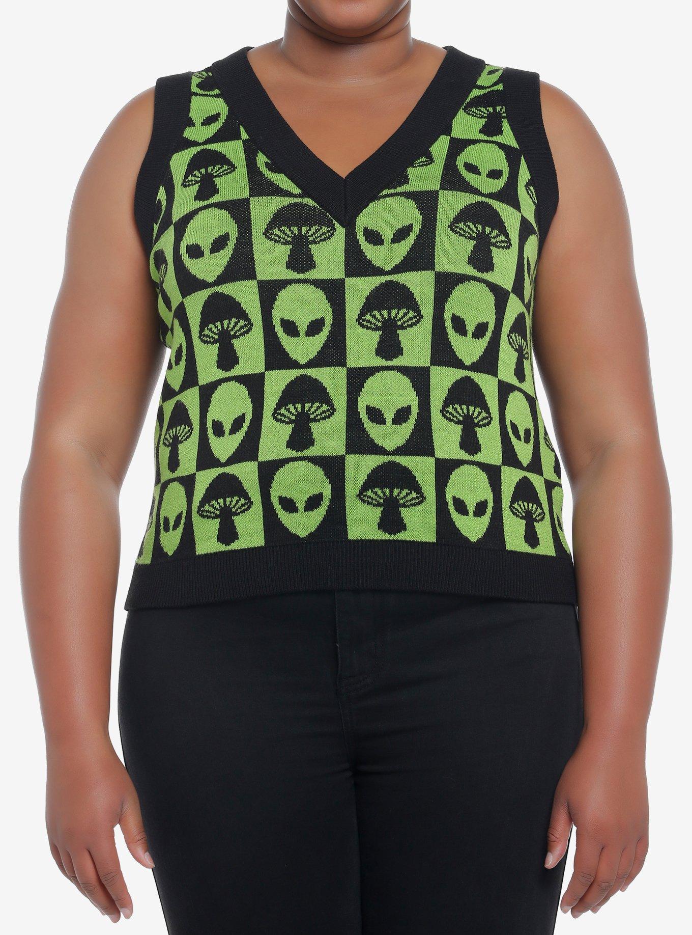 Green Alien Mushroom Checker Girls Sweater Vest Plus Size, BLACK, hi-res
