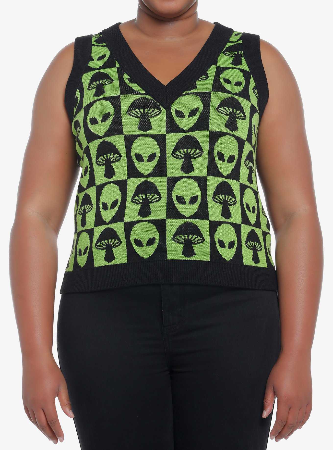 Green Alien Mushroom Checker Girls Sweater Vest Plus Size, , hi-res