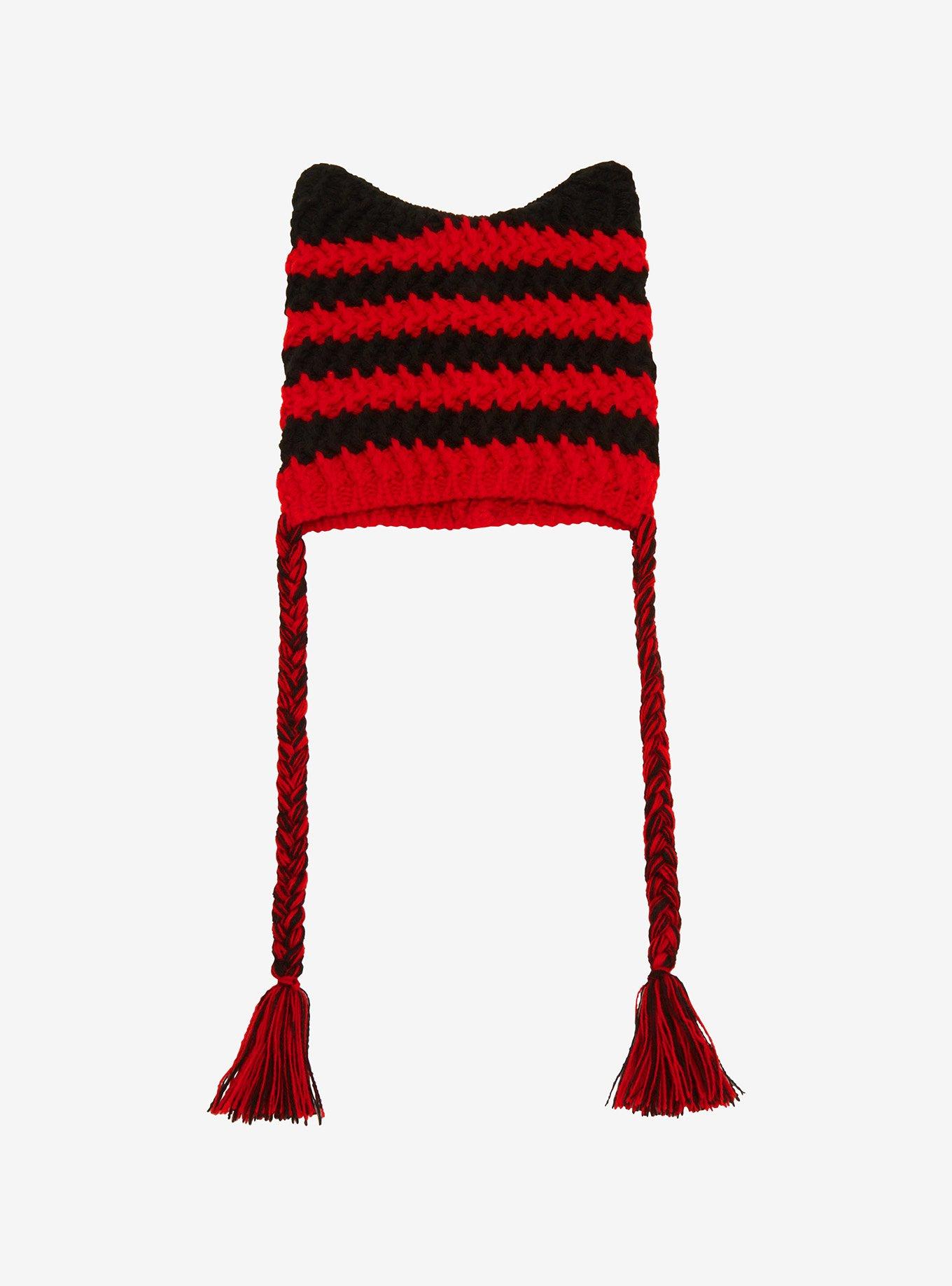 Red & Black Stripe Ears Knit Tassel Beanie