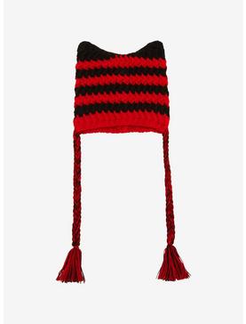 Red & Black Stripe Ears Knit Tassel Beanie, , hi-res