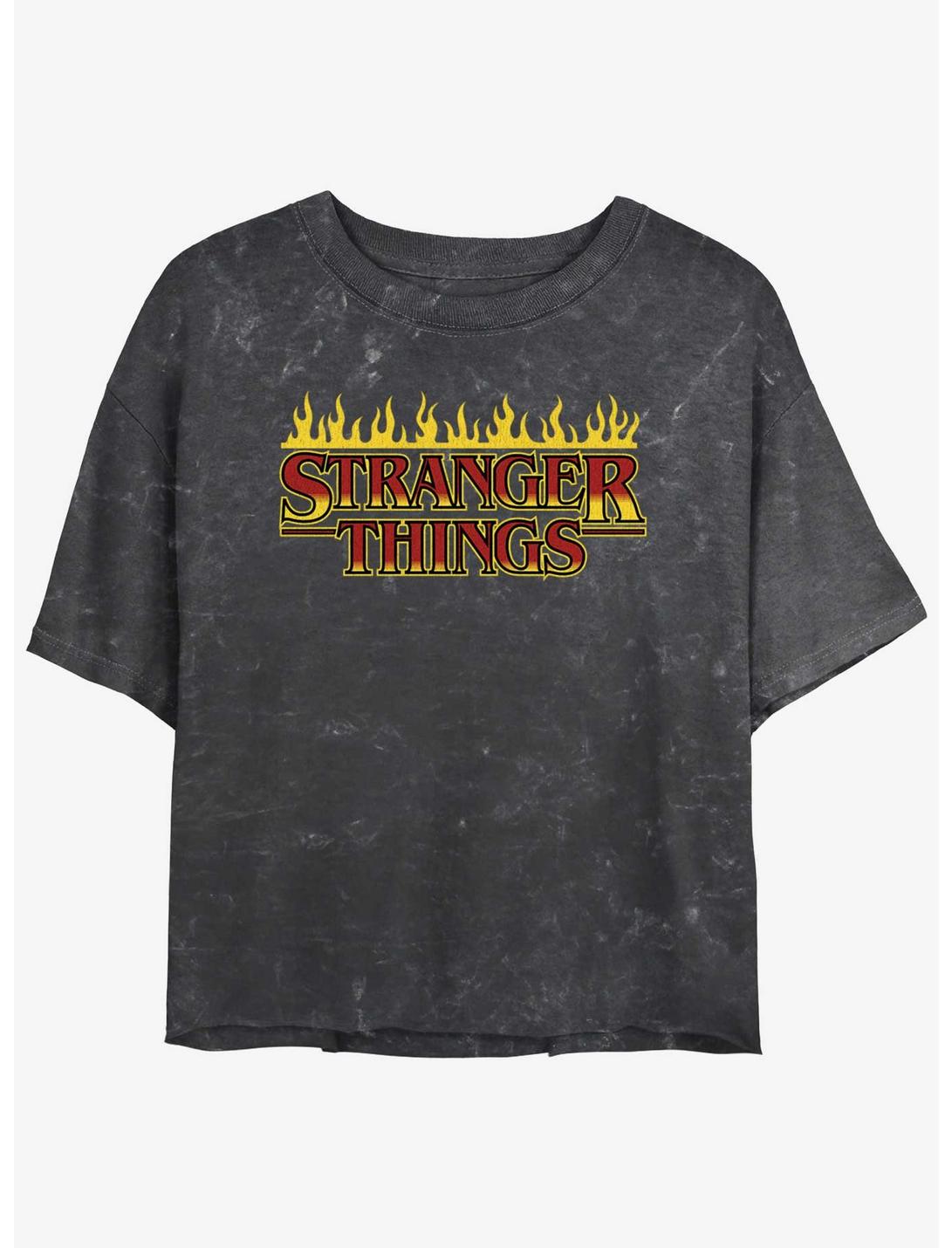 Stranger Things Flaming Logo Mineral Wash Womens Crop T-Shirt, BLACK, hi-res