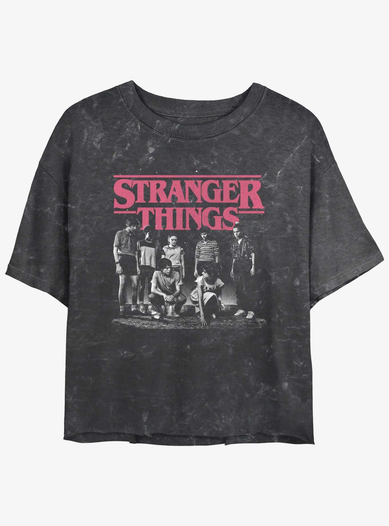 Stranger Things Group Meeting Mineral Wash Womens Crop T-Shirt, BLACK, hi-res