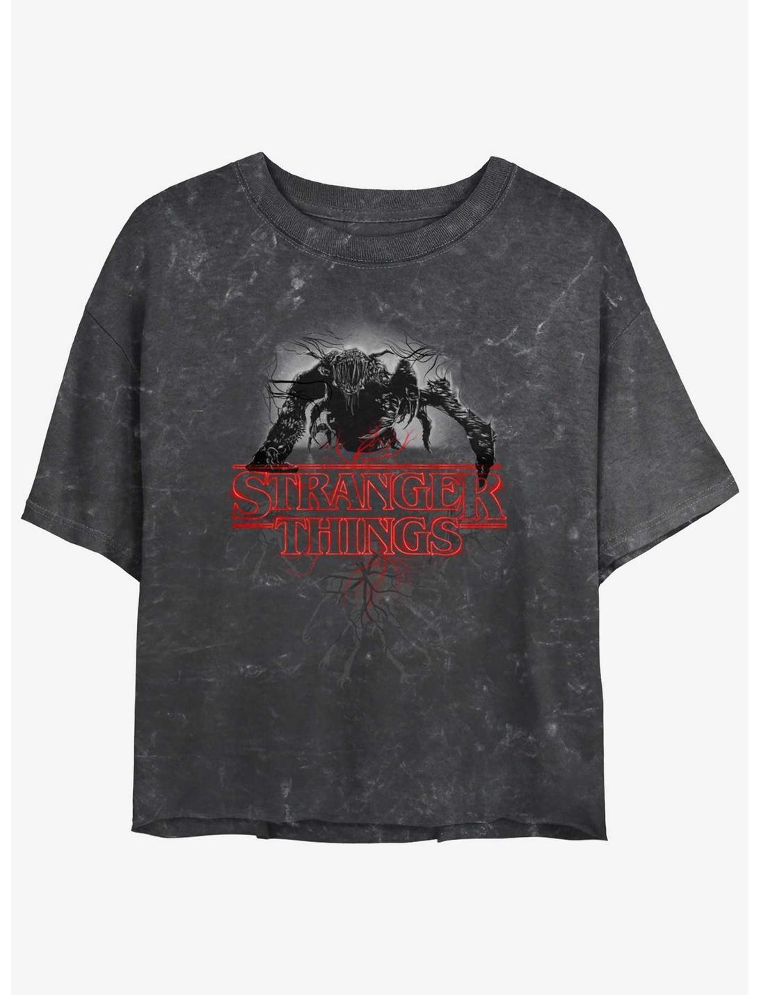 Stranger Things Logo Demogorgon Mineral Wash Womens Crop T-Shirt, BLACK, hi-res