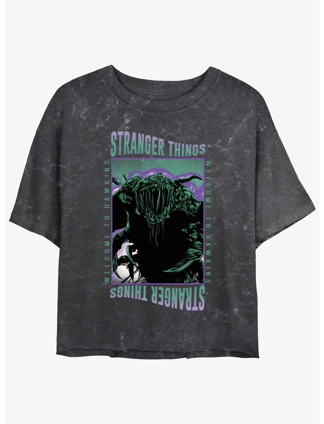 Stranger Things Monster Things Mineral Wash Womens Crop T-Shirt, BLACK, hi-res