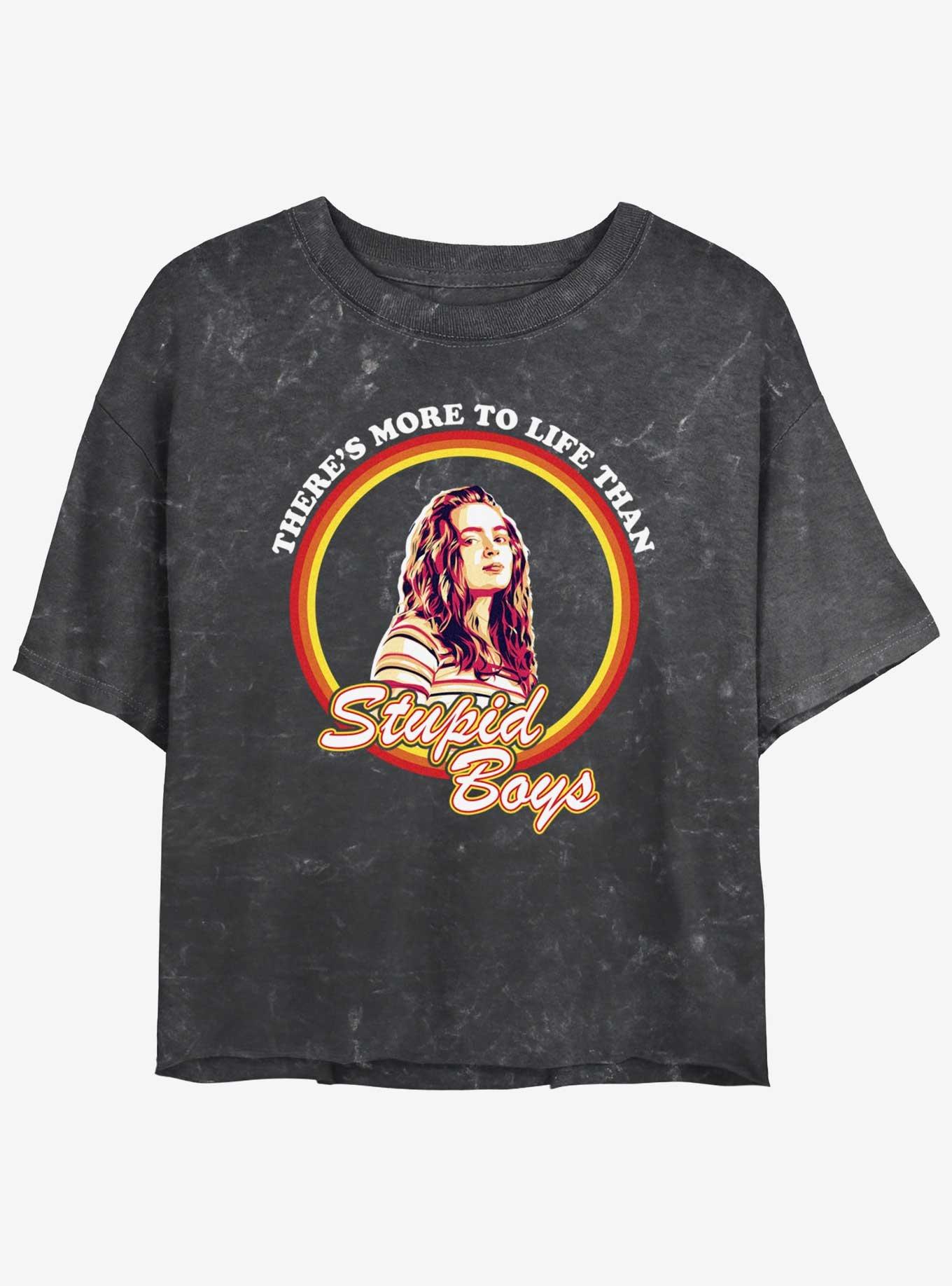 Stranger Things Stupid Boys Mineral Wash Womens Crop T-Shirt, BLACK, hi-res