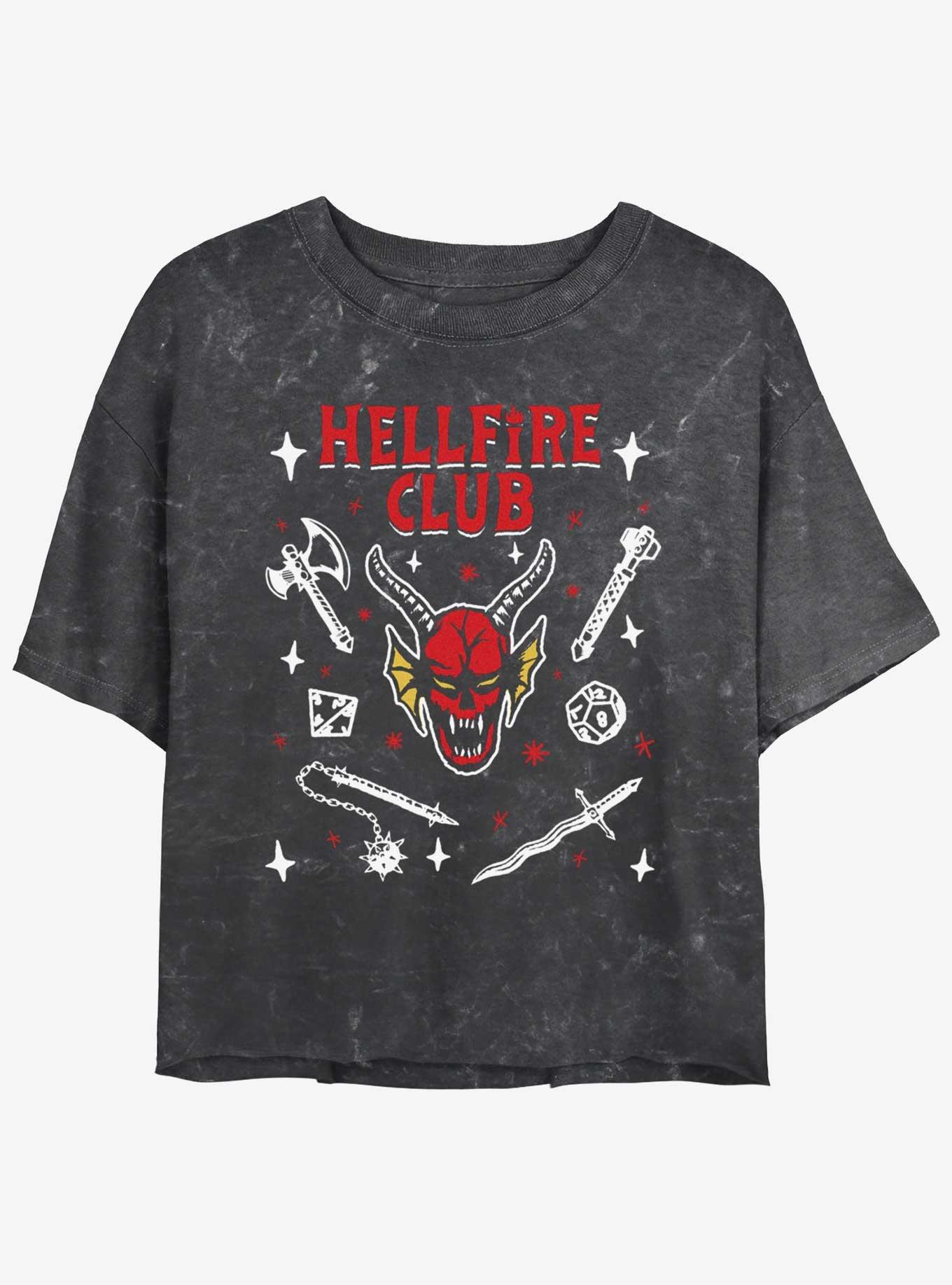 Stranger Things Textbook Hellfire Club Mineral Wash Womens Crop T-Shirt, BLACK, hi-res