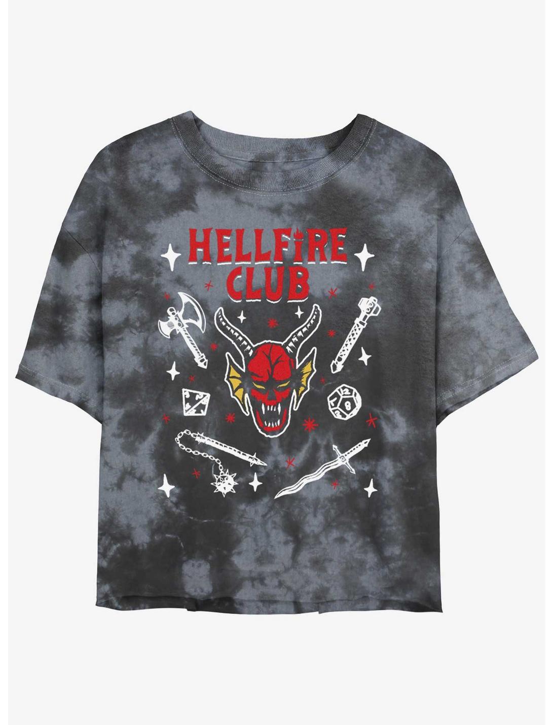Stranger Things Textbook Hellfire Club Tie-Dye Womens Crop T-Shirt, BLKCHAR, hi-res
