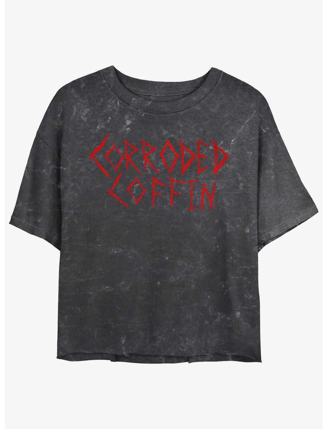 Stranger Things Eddie Munson Corroded Coffin Mineral Wash Womens Crop T-Shirt, BLACK, hi-res