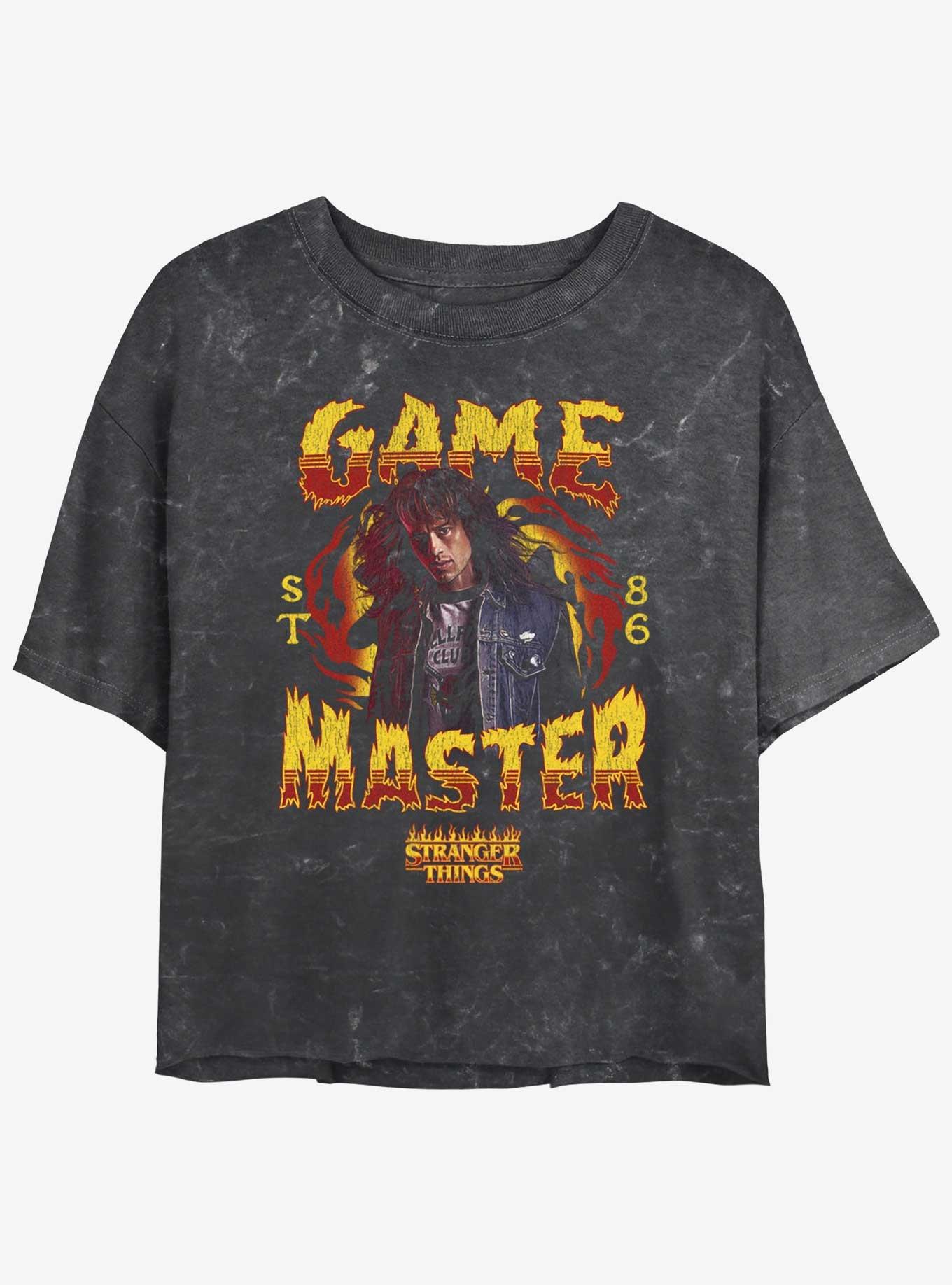 Stranger Things Game Master Eddie Munson Mineral Wash Womens Crop T-Shirt, BLACK, hi-res