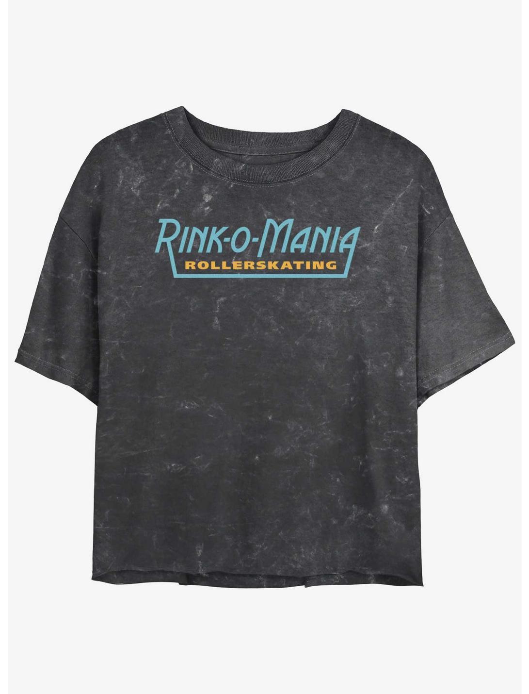 Stranger Things Rink-O-Mania Logo Mineral Wash Womens Crop T-Shirt, BLACK, hi-res