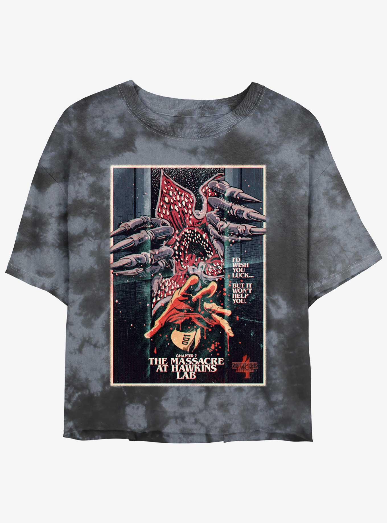 Stranger Things X Butcher Billy The Massacre At Hawkins Lab Tie-Dye Womens Crop T-Shirt, BLKCHAR, hi-res