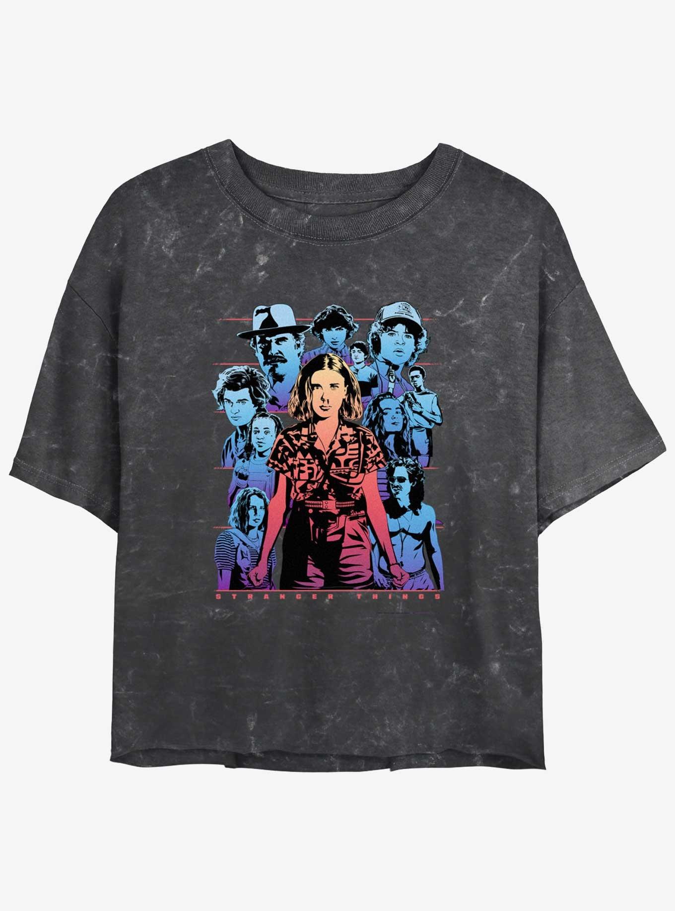 Stranger Things Eleven & Group Mineral Wash Womens Crop T-Shirt, BLACK, hi-res