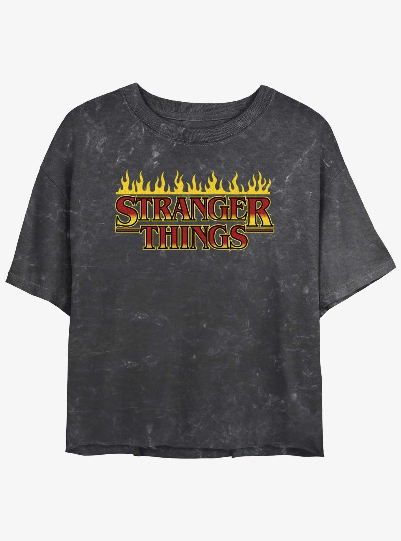 Stranger Things Flaming Logo Mineral Wash Womens Crop T-Shirt, BLACK, hi-res