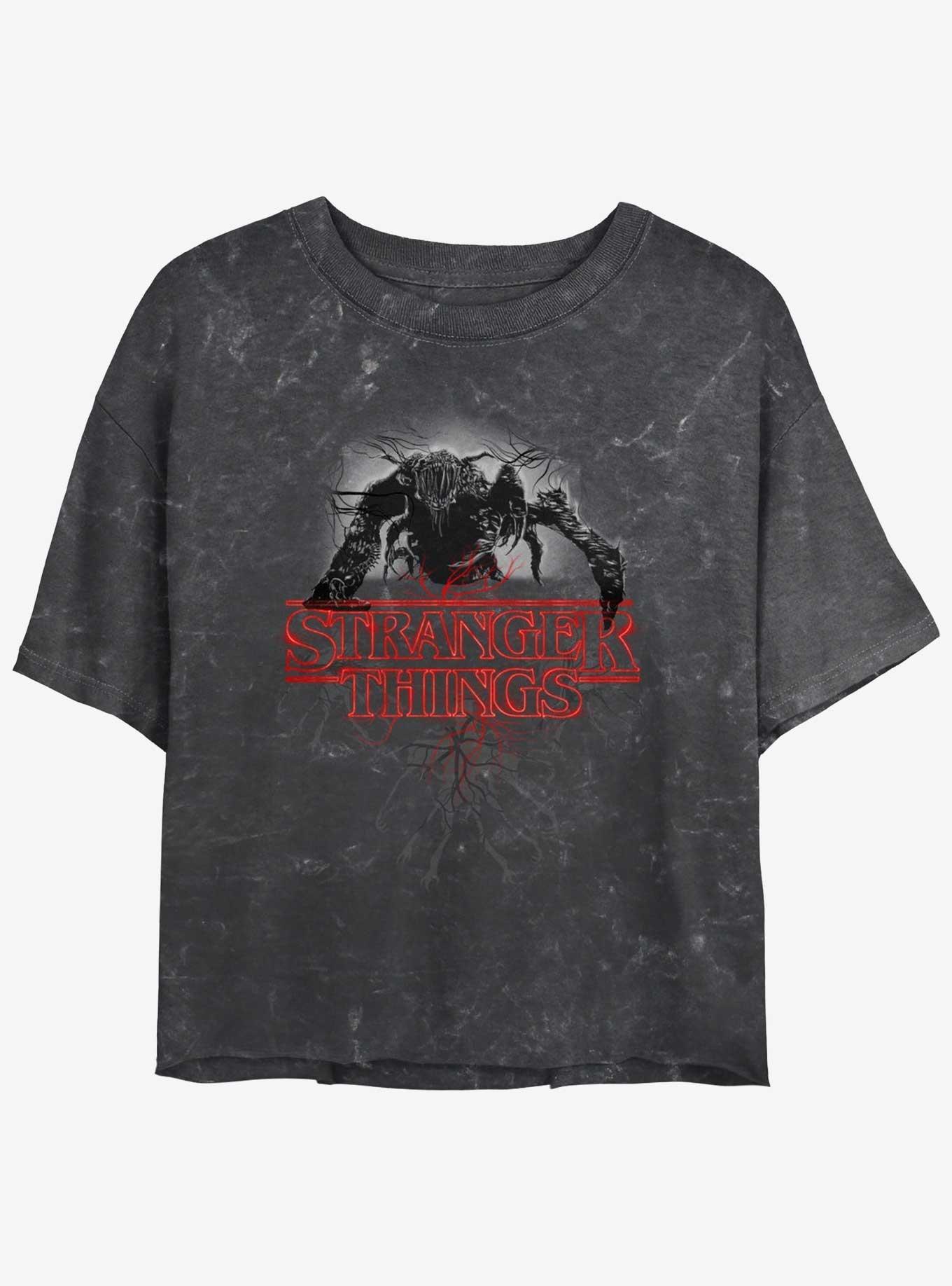 Stranger Things Logo Demogorgon Mineral Wash Womens Crop T-Shirt, BLACK, hi-res