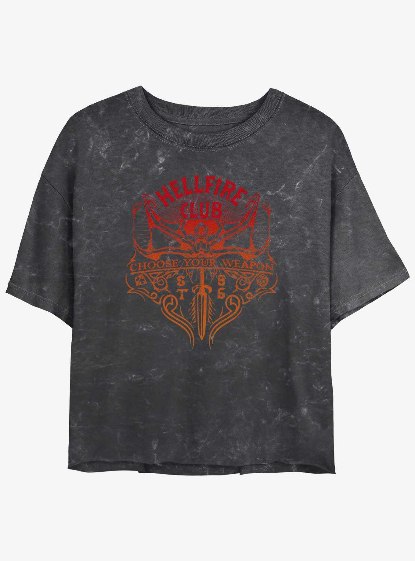 Stranger Things Hellfire Club Weapon Mineral Wash Womens Crop T-Shirt, , hi-res