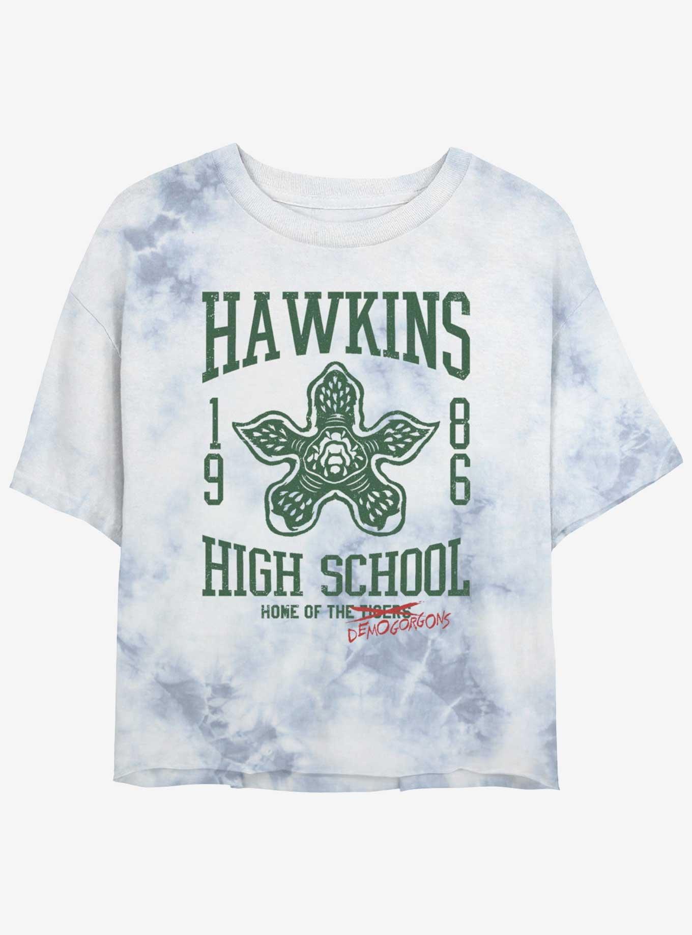 Stranger Things Hawkins High Demogorgons Tie-Dye Womens Crop T-Shirt, WHITEBLUE, hi-res