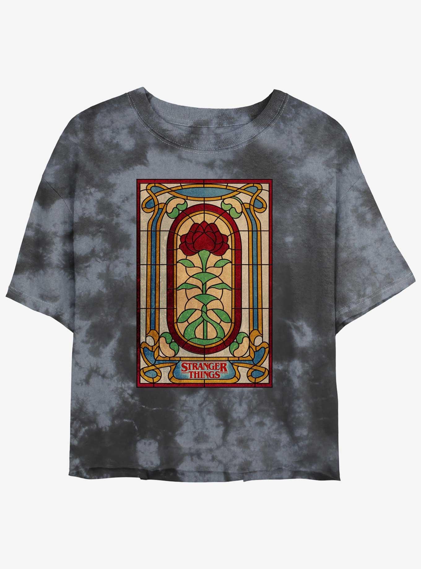 Stranger Things Stained Glass Rose Tie-Dye Womens Crop T-Shirt, BLKCHAR, hi-res