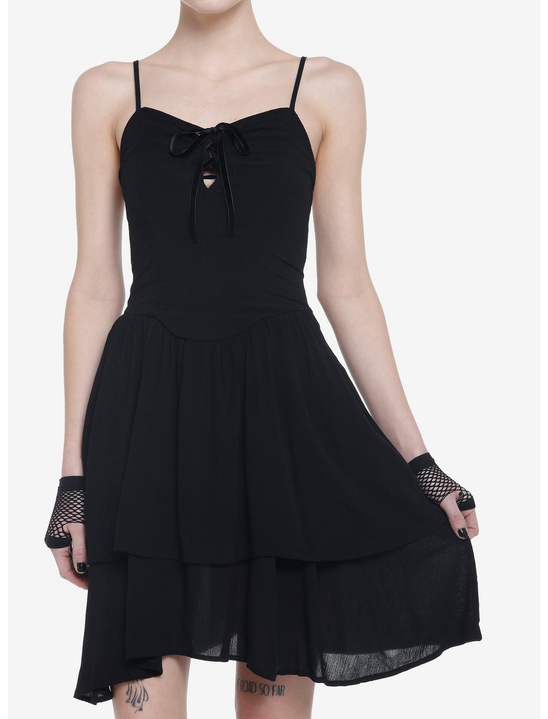 Black Strappy Tiered Dress, BLACK, hi-res