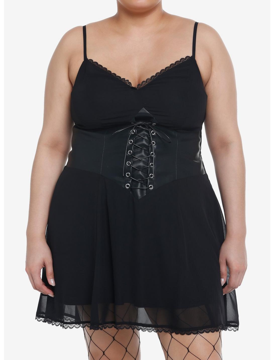 Social Collision Black Corset Slip Dress Plus Size, BLACK, hi-res