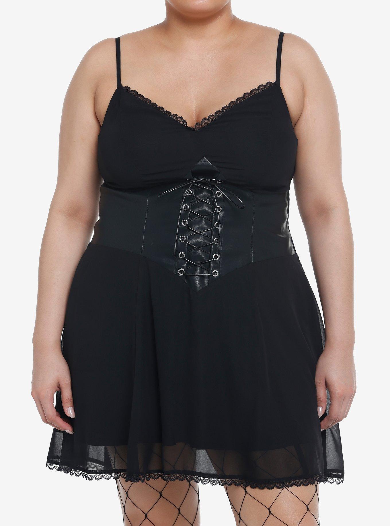 Social Collision Black Corset Slip Dress Plus Size, BLACK, hi-res