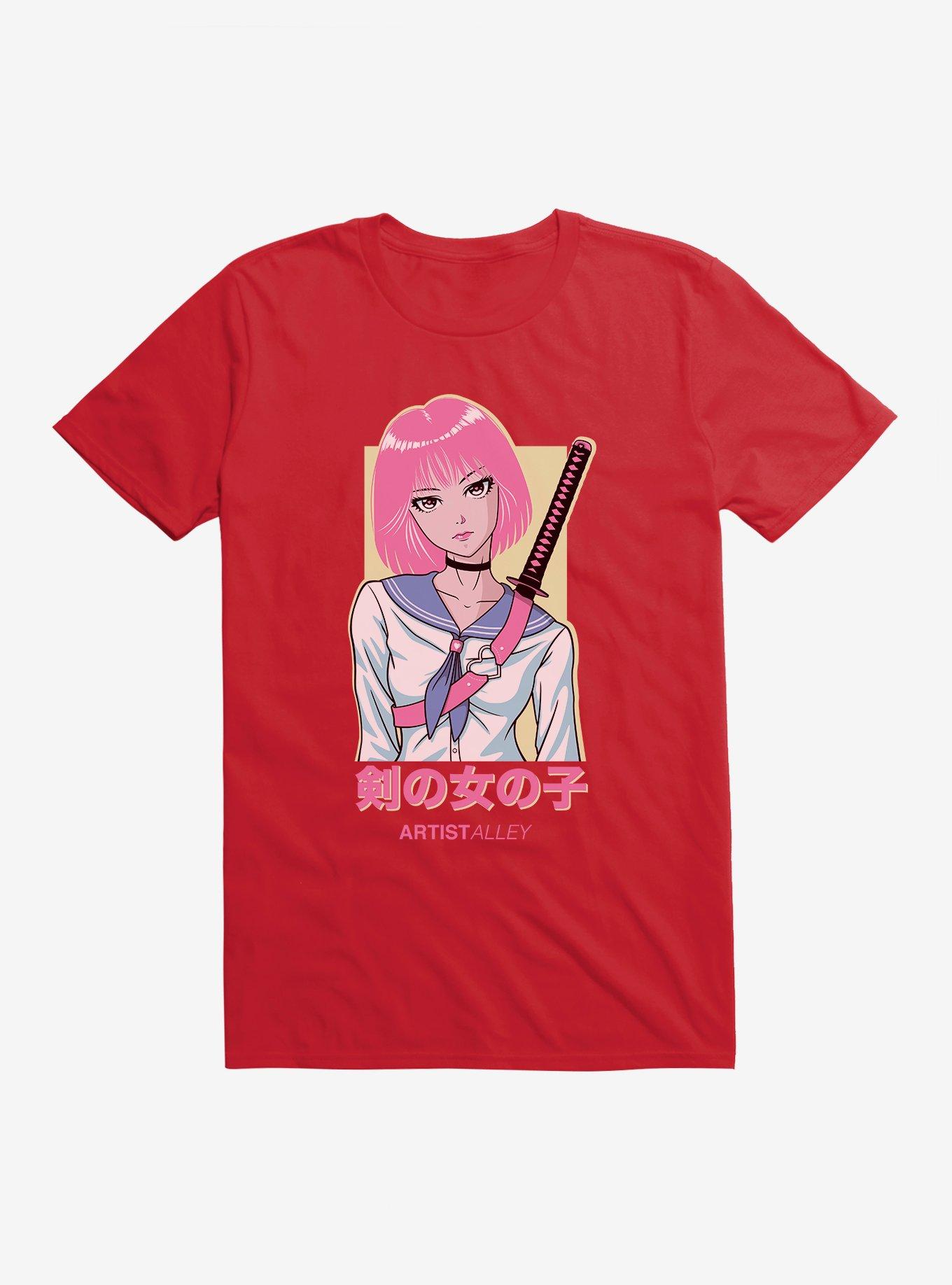 Artist Alley Anime Girl Sword T-Shirt, RED, hi-res