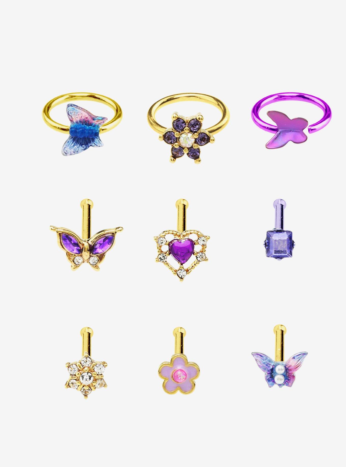 Steel Purple Heart Butterfly Nose Stud & Hoop 9 Pack, METAL, hi-res