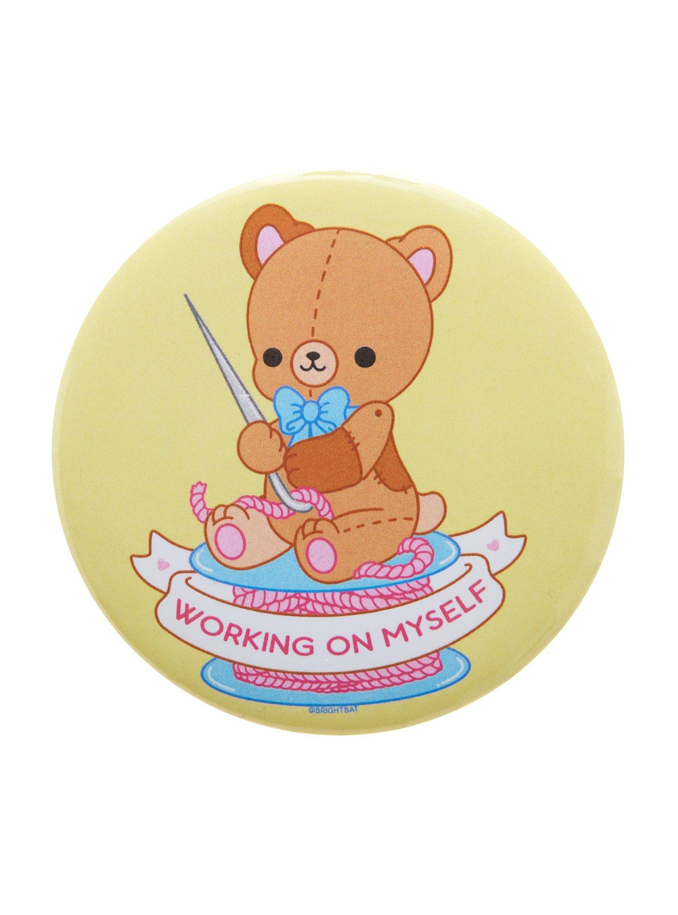 Working On Myself Teddy Bear 3 Inch Button By Bright Bat Design, , hi-res