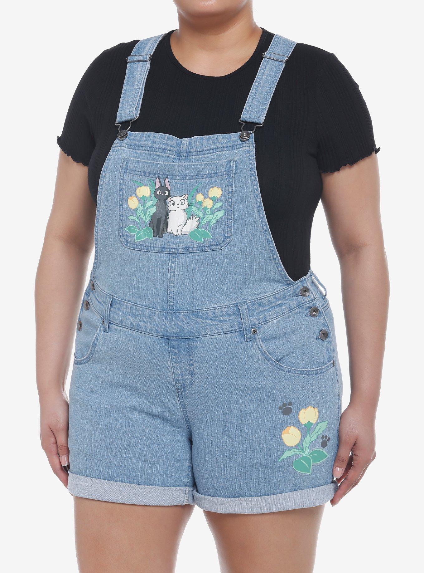 Her Universe Studio Ghibli Kiki's Delivery Service Jiji & Lily Flower Shortalls Plus Size, LIGHT WASH, hi-res