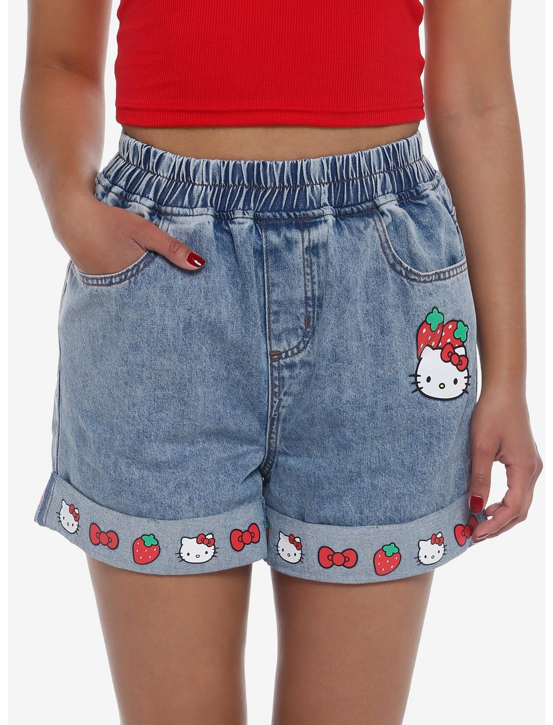 Hello Kitty Strawberry Elastic High-Waisted Denim Shorts, MULTI, hi-res