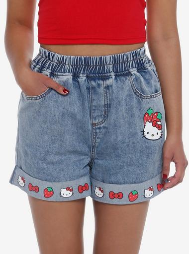 Hello Kitty Strawberry Elastic High-Waisted Denim Shorts Hot Topic