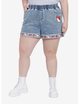 Hello Kitty Strawberry Elastic High-Waisted Denim Shorts Plus Size, , hi-res