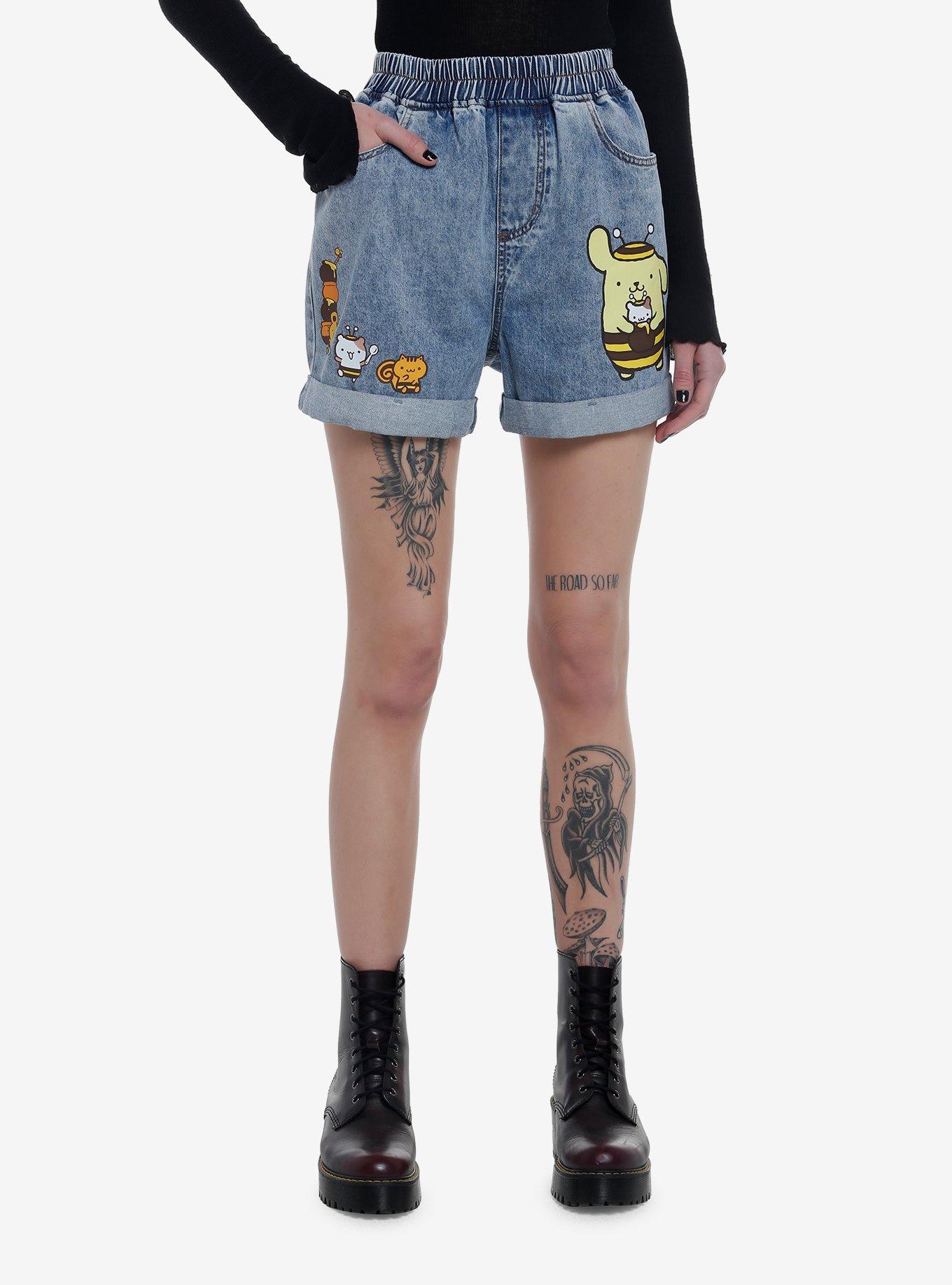 Pompompurin Honey Elastic High-Waisted Denim Shorts, MULTI, hi-res