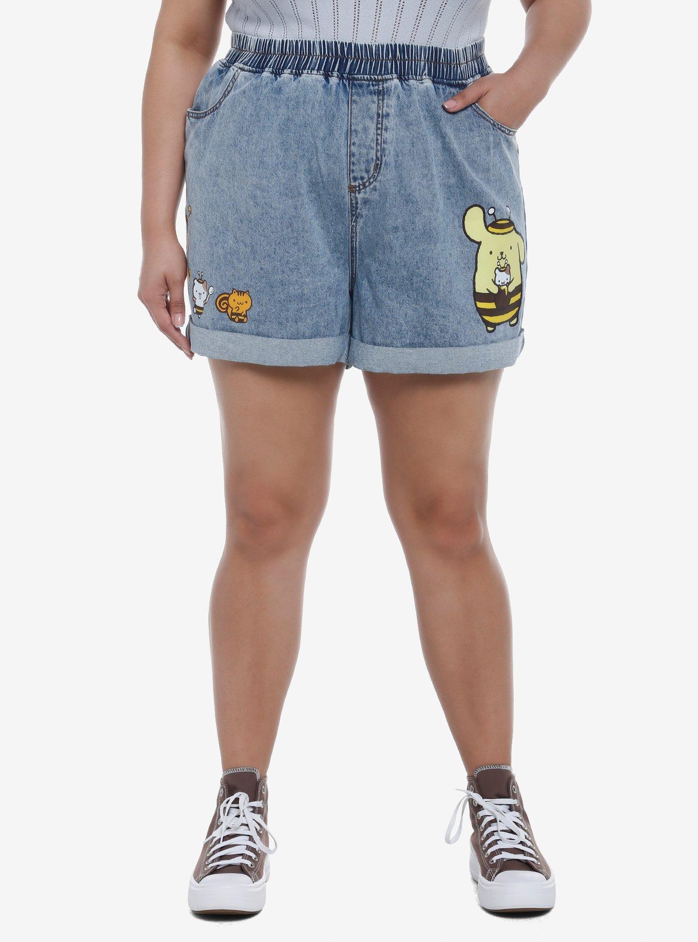 Pompompurin Honey Elastic High-Waisted Denim Shorts Plus Size, MULTI, hi-res