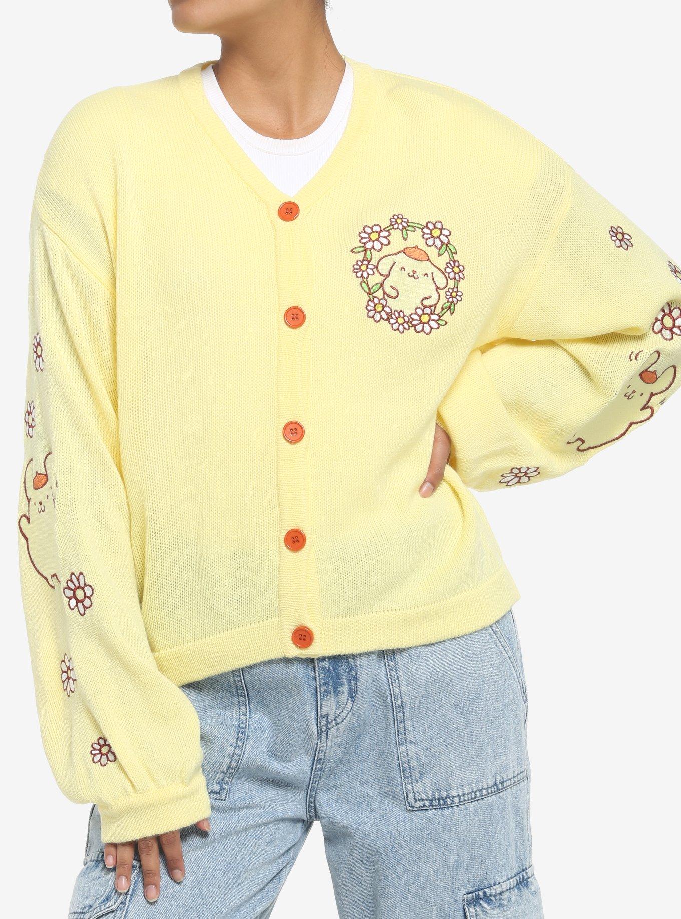 Pompompurin Flower Embroidered Girls Cardigan, MULTI, hi-res