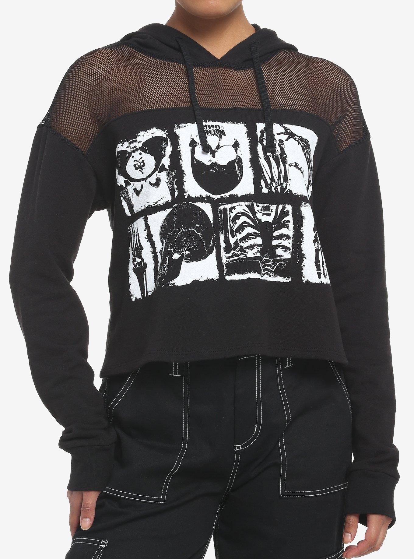 Black & White Skeleton Anatomy Mesh Girls Crop Hoodie, BLACK, hi-res