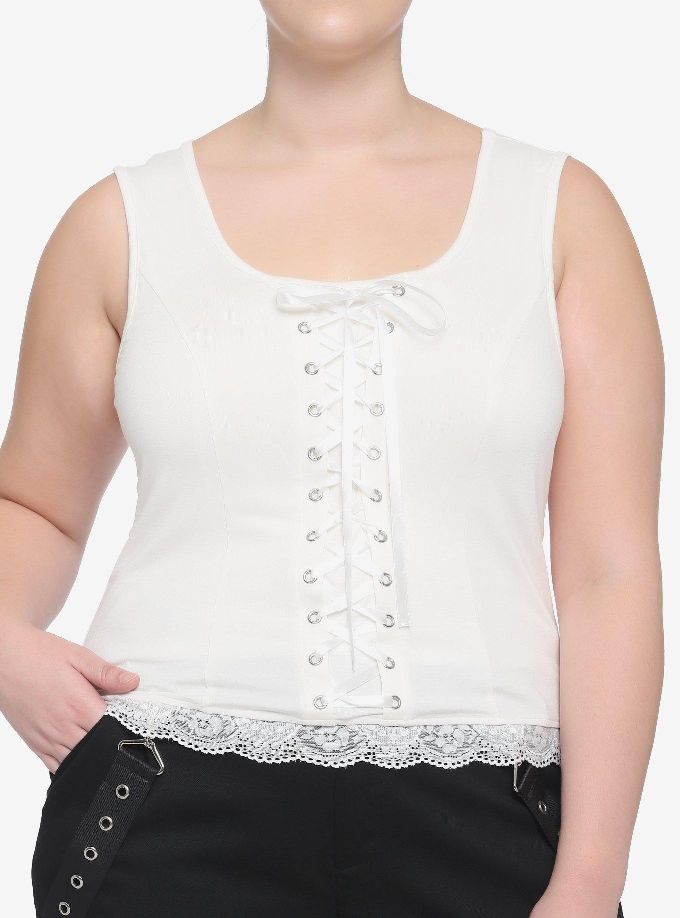 Cream Lace-Up Front Knit Girls Tank Top Plus Size, IVORY, hi-res