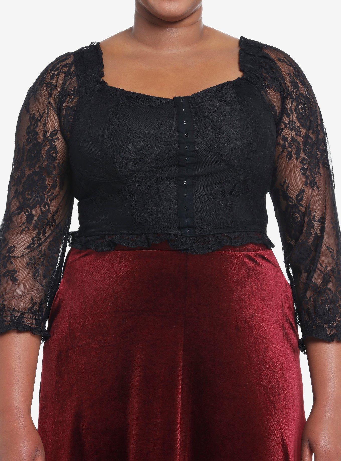 Black Lace Corset Girls Long-Sleeve Top Plus Size, BLACK, hi-res