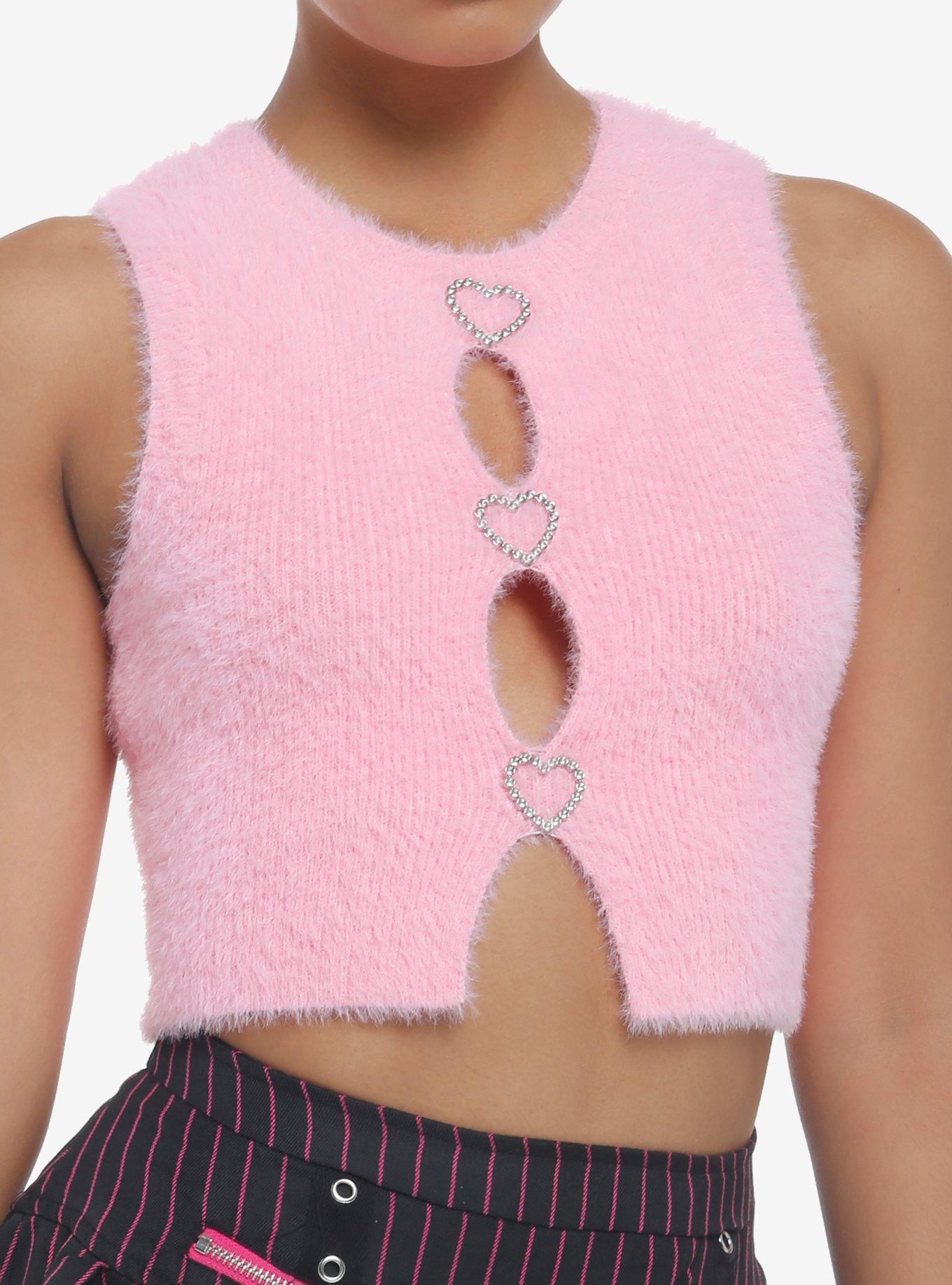 Pink Fuzzy Rhinestone Peek-A-Boo Girls Top, PINK, hi-res