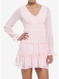Pink Swiss Dot Tiered Long-Sleeve Peasant Dress, PINK, hi-res