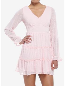 Pink Swiss Dot Tiered Long-Sleeve Peasant Dress, , hi-res