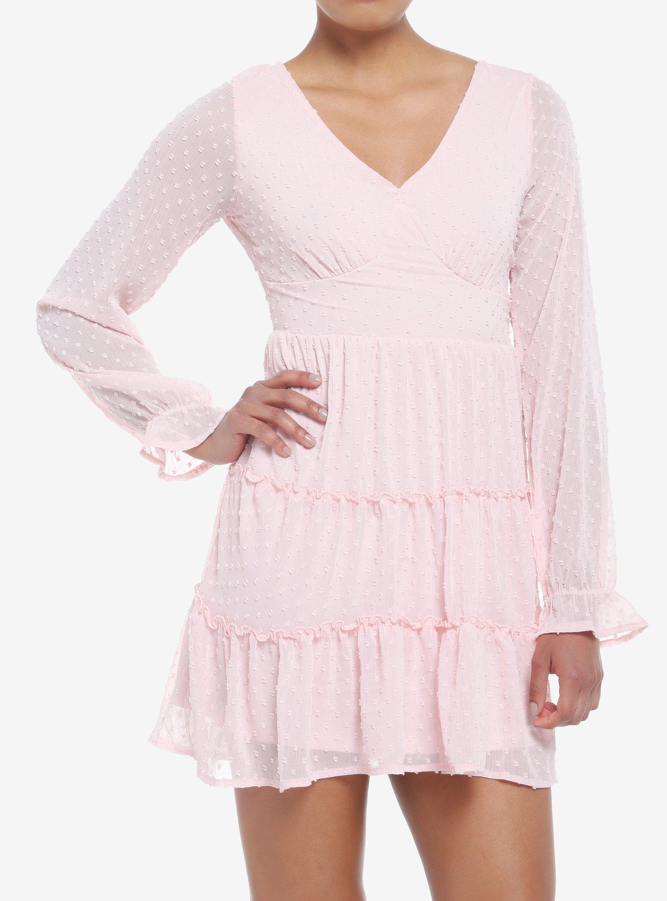 Pink Swiss Dot Tiered Long-Sleeve Peasant Dress, PINK, hi-res