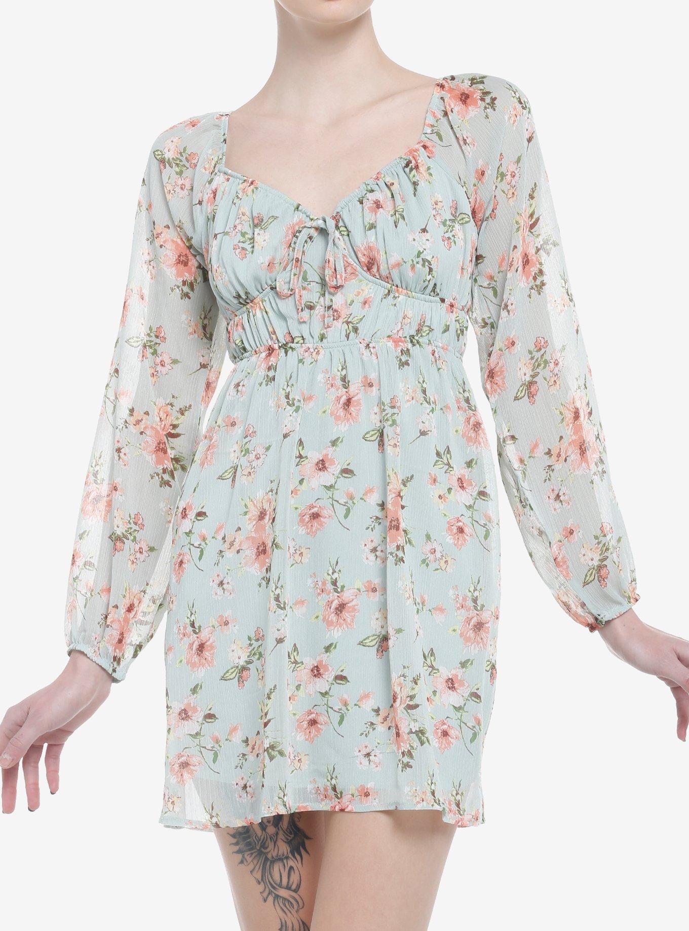 Sage Floral Babydoll Long-Sleeve Dress, SAGE, hi-res