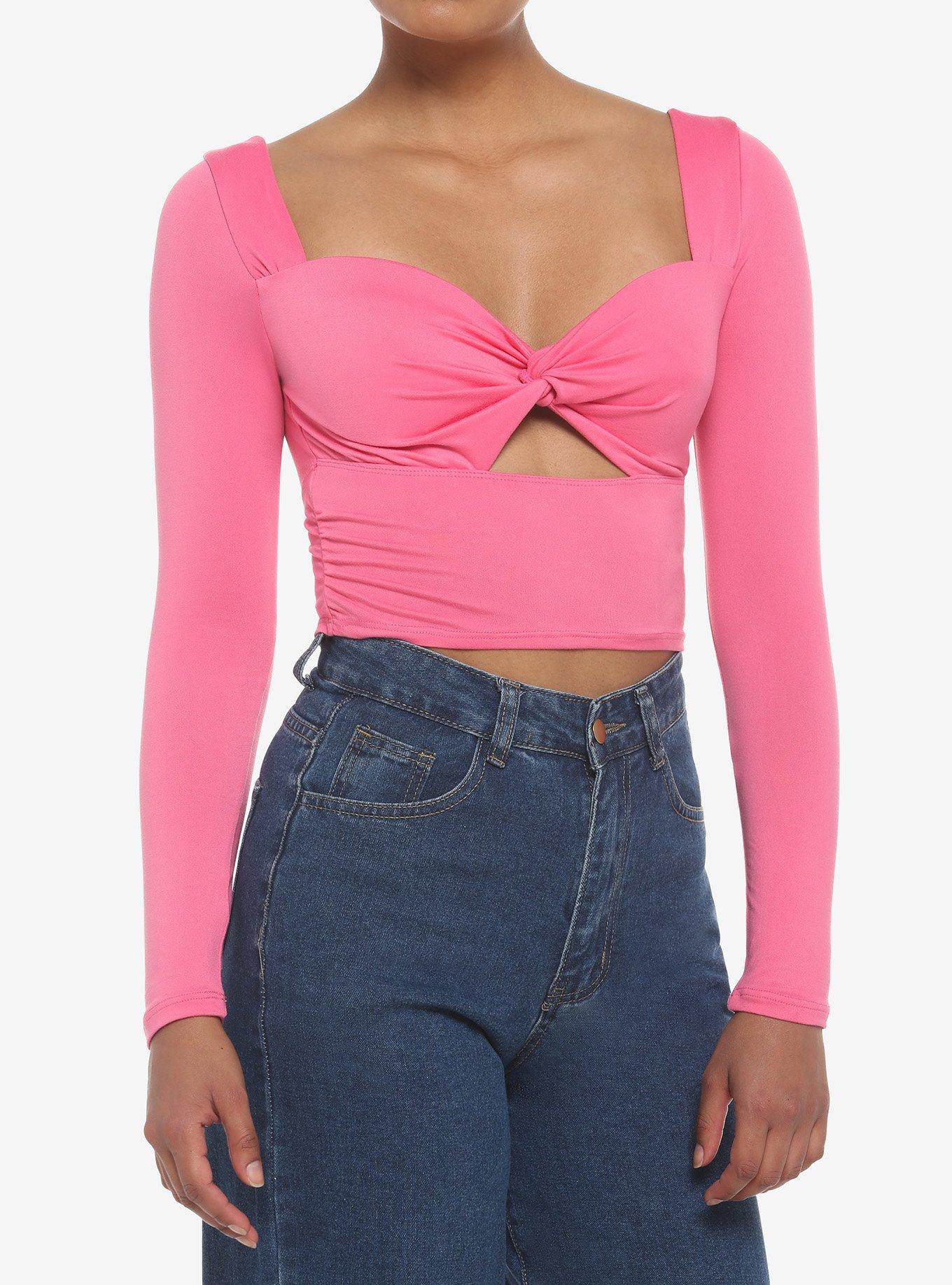 Hot Pink Cutout Girls Crop Long-Sleeve Top, PINK, hi-res