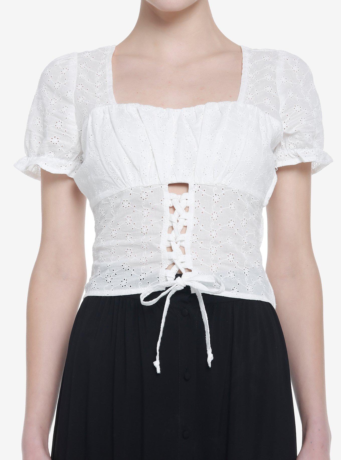 White Floral Lace-Up Girls Crop Top, WHITE, hi-res