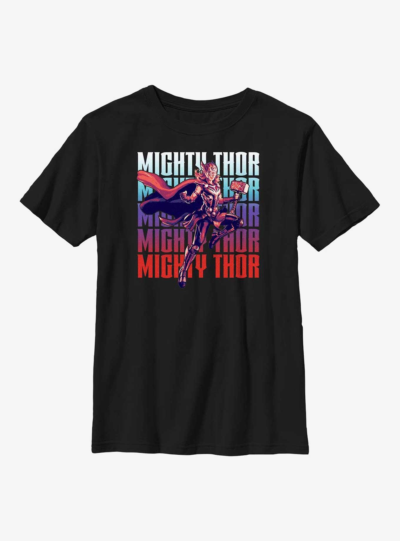 Marvel Thor: Love and Thunder Mighty Thor Text Stack Youth T-Shirt, BLACK, hi-res