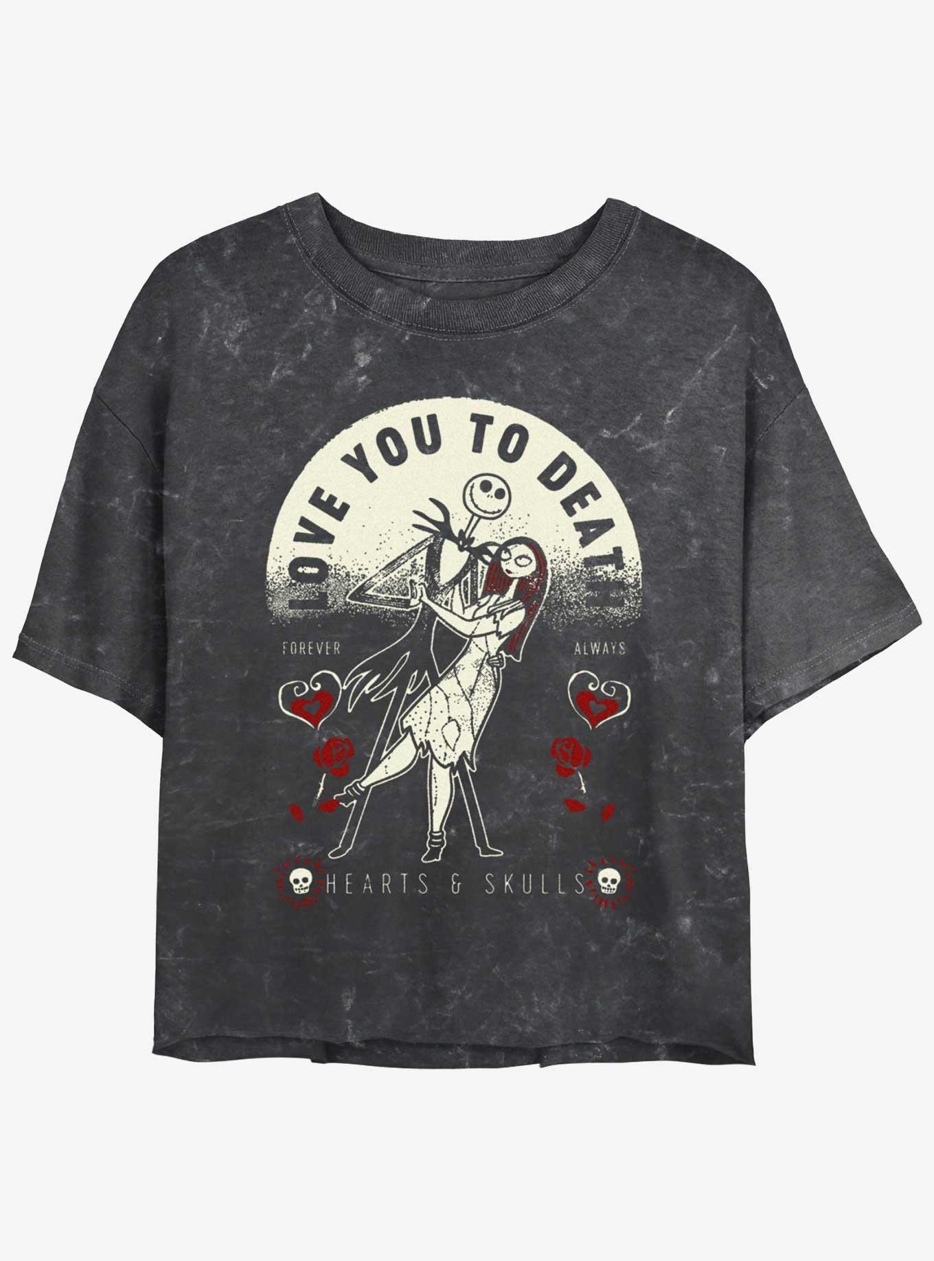 The Nightmare Before Christmas Jack & Sally Love You To Death Mineral Wash Girls Crop T-Shirt, BLACK, hi-res