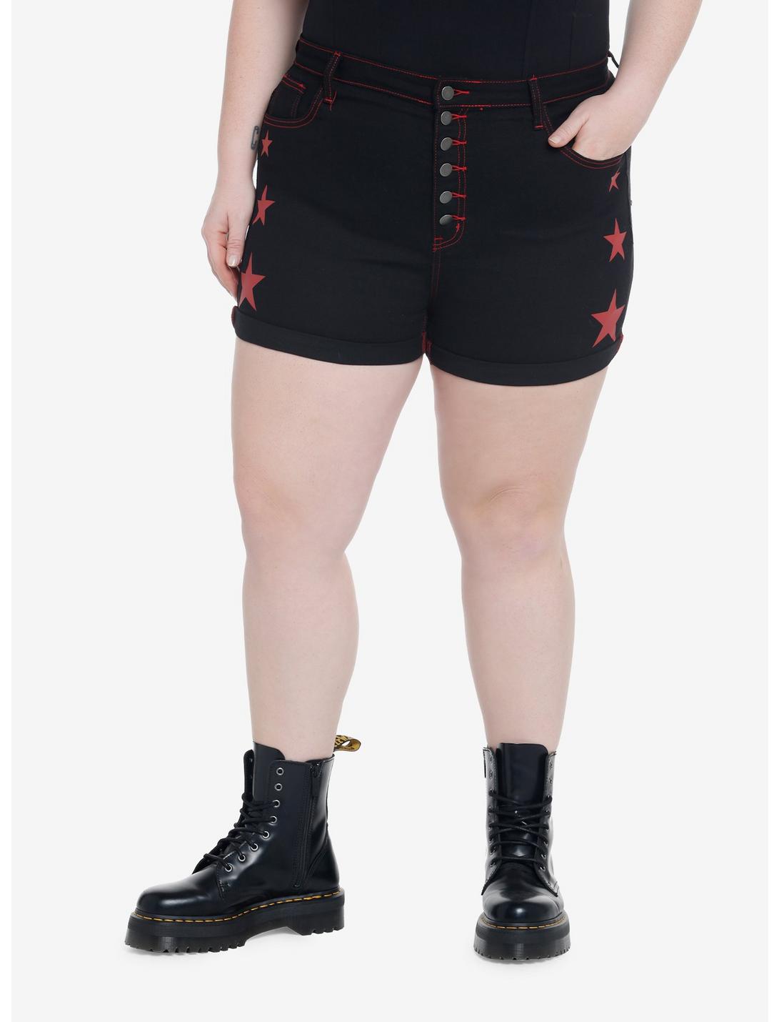 Black & Red Star Girls Denim Shorts Plus Size, RED, hi-res