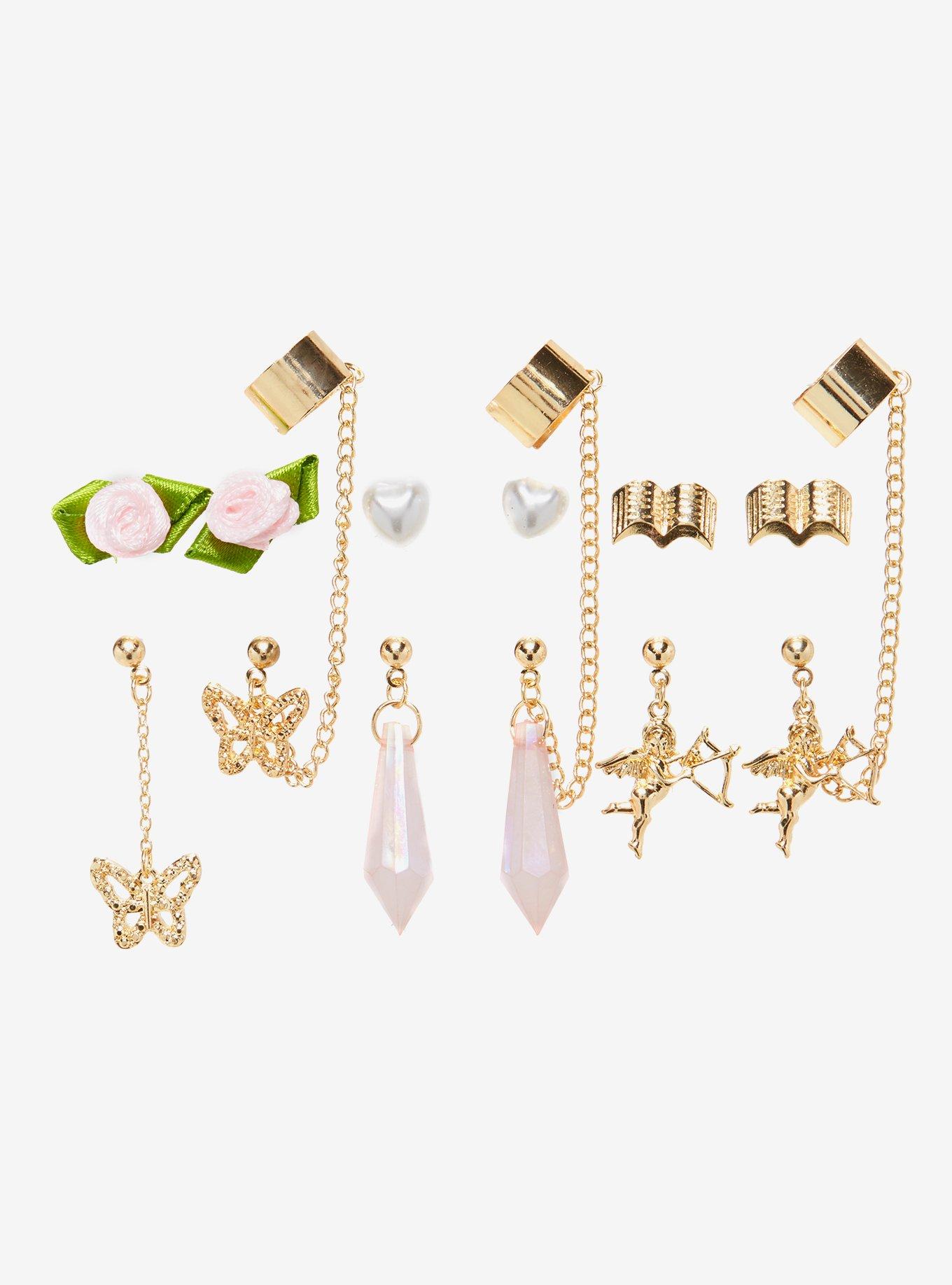 Cupid Heart Rose Cuff Earring Set, , hi-res
