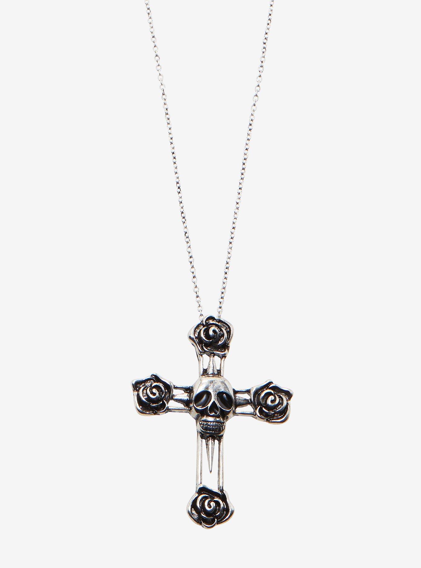 Skull & Roses Cross Oversized Pendant Necklace, , hi-res