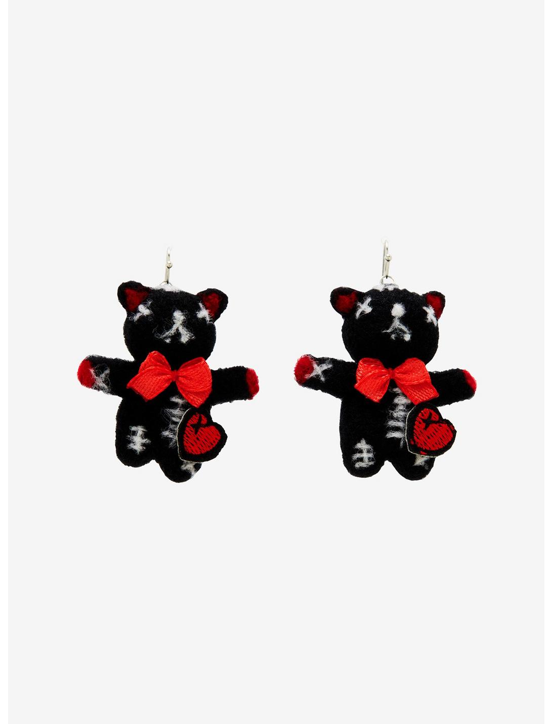 Black Stitched Teddy Bear Plush Earrings, , hi-res